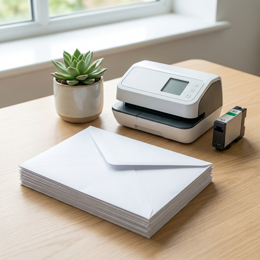 Sustainable business mailing desk with envelopes, a franking machine, recycled ink cartridge and a green plant