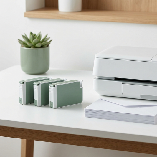 Franking machine ink cartridges on a white desk beside a franking machine and white envelopes with a green plant