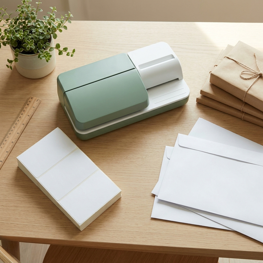Blank white self-adhesive franking machine labels beside a franking machine, parcels and large envelopes on a light desk