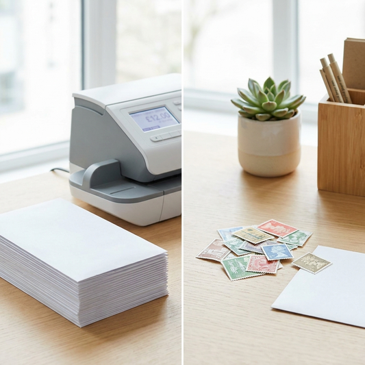 Franking machine and business envelopes beside a small pile of postage stamps on a bright office desk, illustrating the cost comparison between franking and stamps