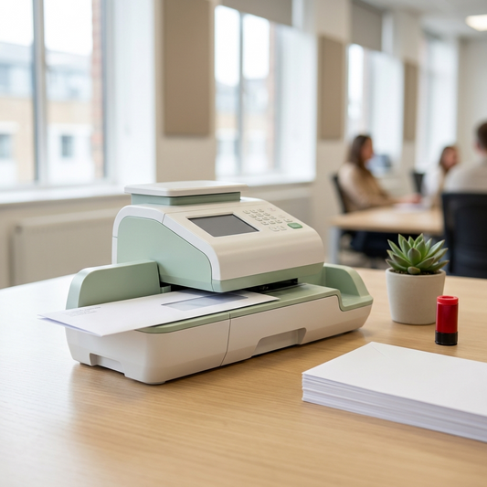 Desktop franking machine feeding a white envelope in a bright UK office mailroom, with a stack of envelopes and a red ink cartridge on the desk