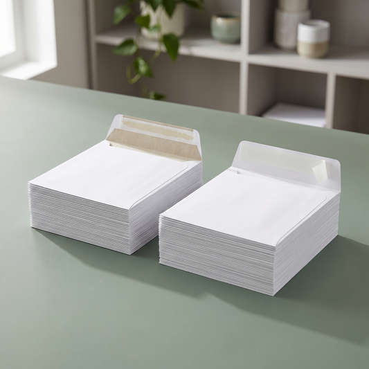 Two stacks of plain white business envelopes on a pale green desk, one gummed with flaps open and one self-seal