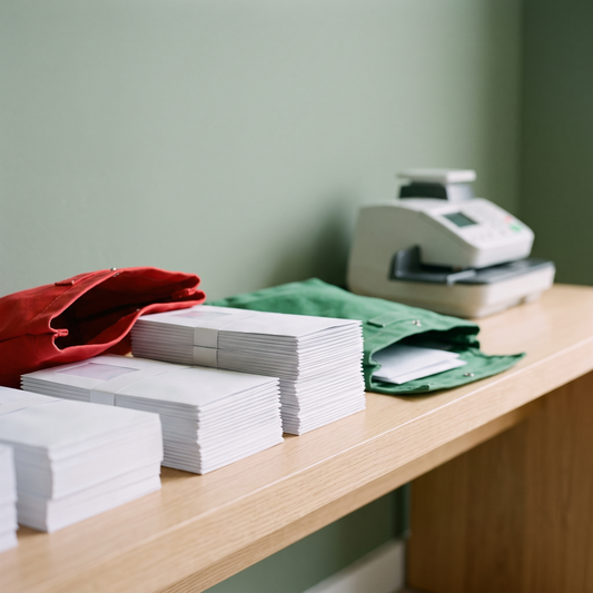 Sorted bundles of franked business envelopes beside red and green Royal Mail pouches on a tidy office mailroom bench