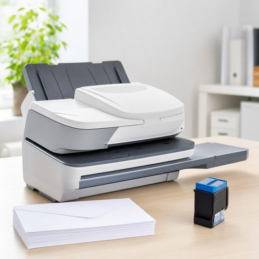 Office franking machine on a desk beside a stack of white envelopes and a blue ink cartridge