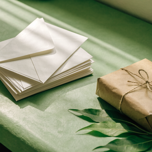 White business envelopes and a small kraft-paper parcel arranged on a sage-green desk with green leaves, representing sustainable international business mailing
