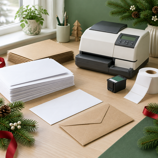 Tidy UK business mailroom desk with envelopes, franking machine, ink cartridge and festive greenery