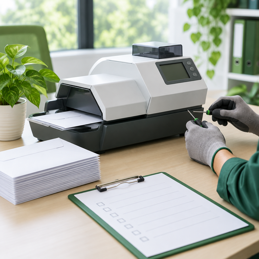 Franking machine on a tidy office desk being checked by an engineer