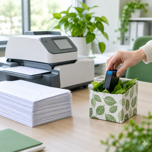 Franking machine on a tidy mailroom desk with an empty ink cartridge going into a green recycling box
